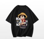 Heavy Black ONE PIECE Luffy Cartoon Printed Cotton T-Shirt