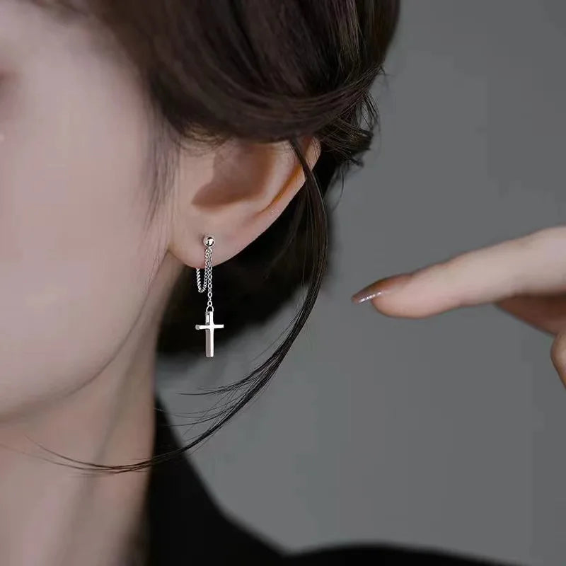 2 Pcs Punk Silver Color Cross Drop Earrings - Image 3